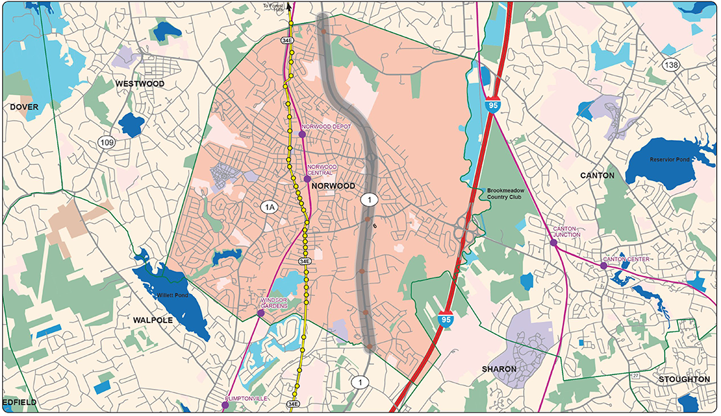 Figure 1
Study Area: Route 1 in Norwood
Figure 1 is a map of the study area—Route 1 in Norwood and surrounding roadways.
